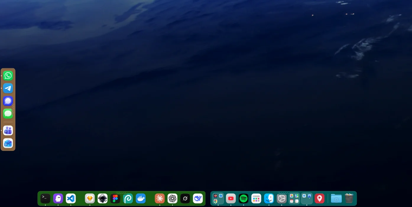 Monitor principal: Os docks lembram seu monitor. Aqui os mesmos docks ficam diferentes em dois monitores: o de trabalho embaixo no monitor principal largo e na borda esquerda do segundo.